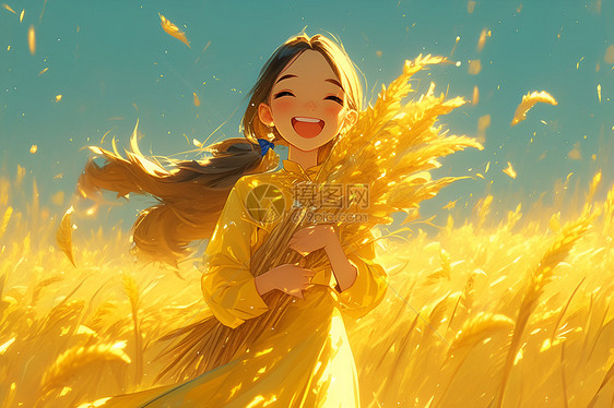 金色稻田中的女孩图片