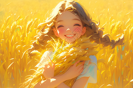 少女与金黄稻田图片