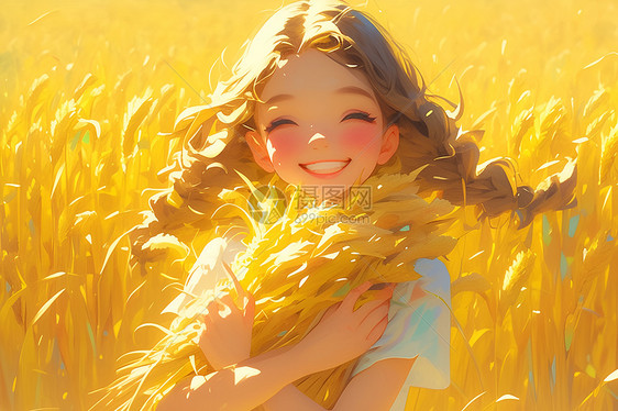 少女与金黄稻田图片