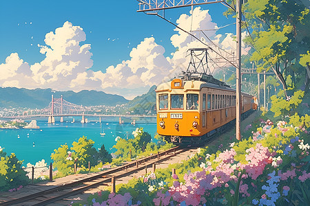 花海下的黄色小火车图片