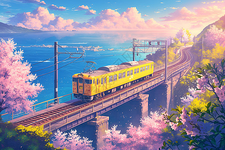 桥上的黄色火车图片