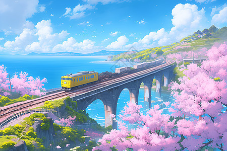 樱花桥上彩色列车图片