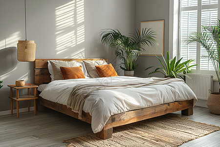 温馨木质床架的卧室景象图片