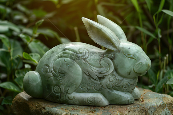 雕塑兔子坐在花园的岩石上图片