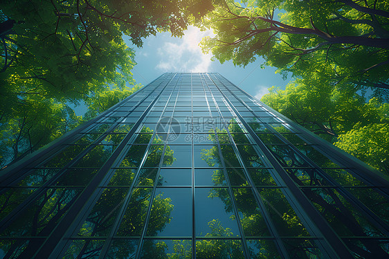 玻璃建筑物前的绿树图片