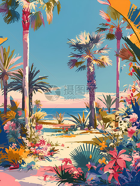 热带风情棕榈树海滩图片