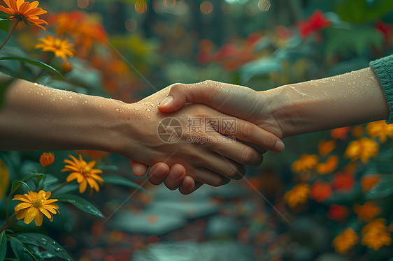 花园中握手的男子图片