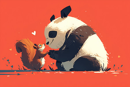 熊猫与松鼠共享好奇时刻图片