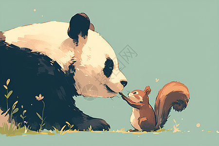 可爱的熊猫与好奇的松鼠图片
