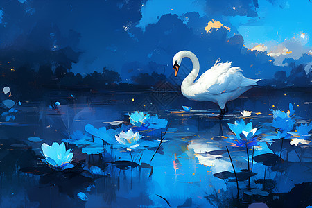 夜晚湖泊中的美丽天鹅图片