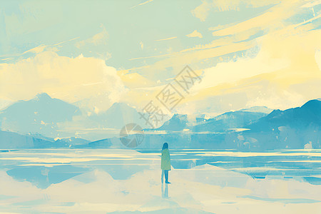 冬日蓝天山水之间注视远方的人物插画