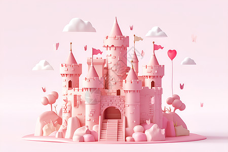 粉色泥土城堡和漂浮的粉色气球图片