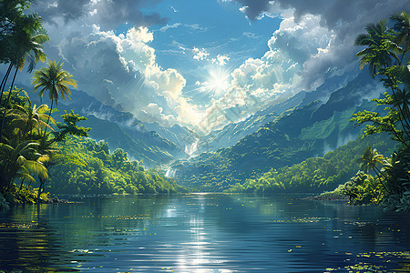 阳光穿过云朵洒在河水上图片