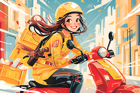 女孩骑着红色电动车图片