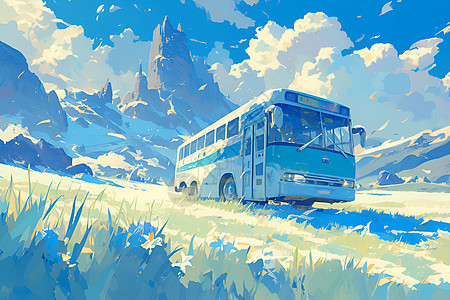 山脉中行驶的巴士图片