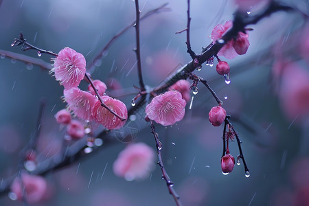 雨滴在粉红花朵图片