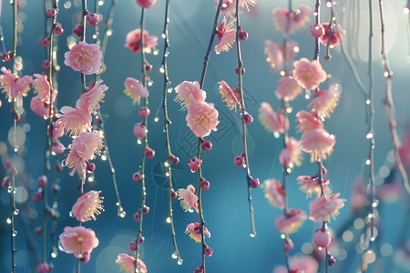 粉色花朵成串地垂挂在树枝上图片