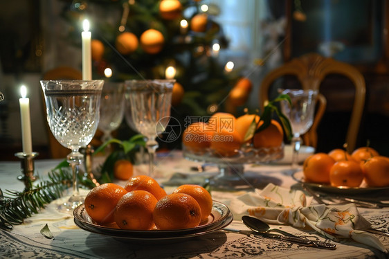 圣诞树下放有橘子和蜡烛的桌子图片