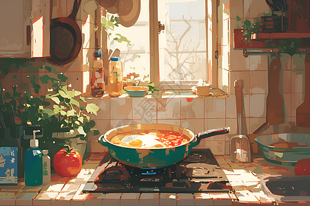炊具中烹饪的美味食物图片