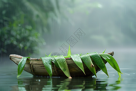 水面上的绿色粽叶图片