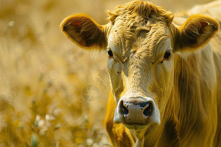 田野牧草中近拍的一只奶牛图片