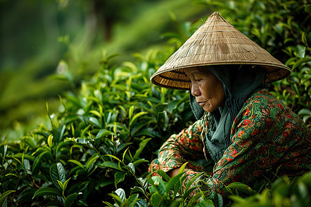 戴着帽子采茶的女性图片