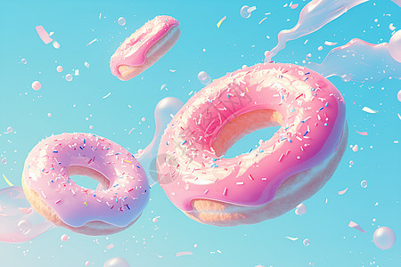 粉色甜甜圈在蓝天下飘荡图片