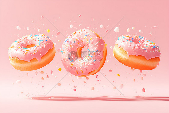 粉色甜甜圈上的彩色糖珠图片