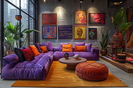 艳丽客厅里的紫色沙发图片