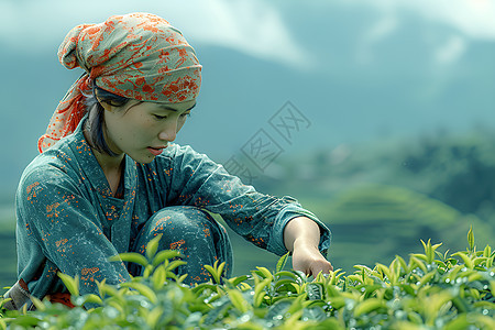 辛勤采摘茶叶的女人图片