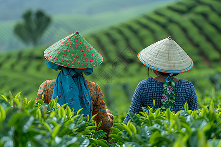清晨采摘茶叶的女人图片
