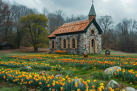 鲜花环绕的乡村教堂图片