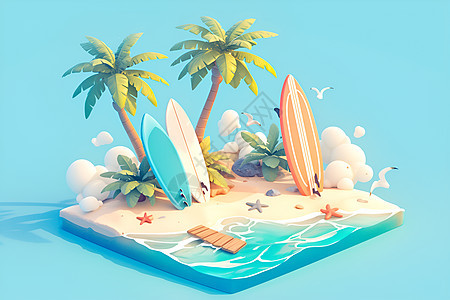 热带岛屿上的冲浪板图片