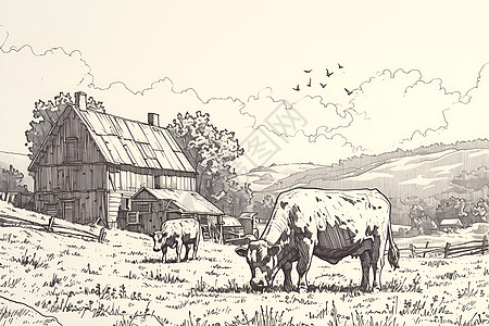 绘画的小屋和牛图片
