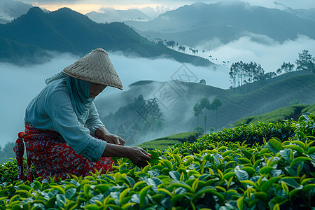 山坡中摘茶的农民图片