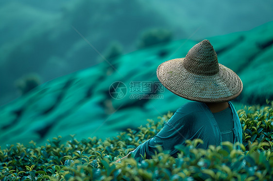 山坡中摘茶的女子图片