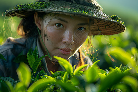 戴着帽子采茶的女子图片