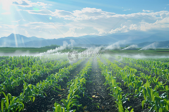 水雾笼罩的玉米田图片