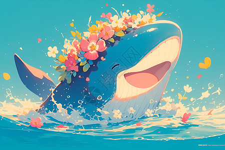 可爱鲸鱼戴着花冠图片