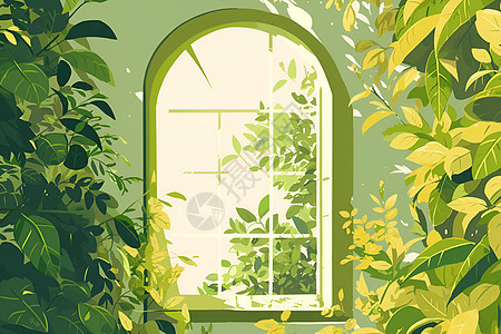 绿色植物间的窗户图片