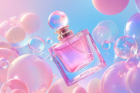 悬浮在空中的粉色香水瓶图片