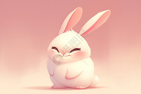 白兔子坐在粉色地板上图片