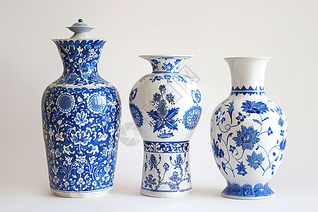 三个蓝白花瓶图片