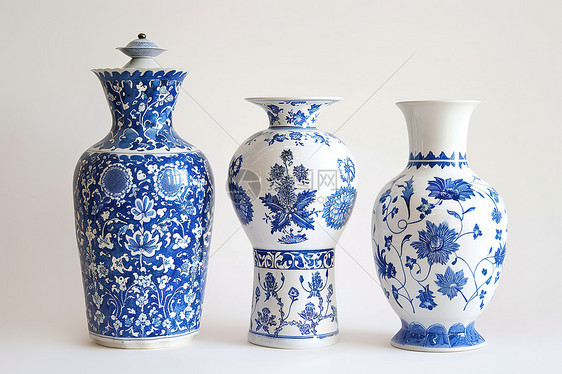 三个蓝白花瓶图片