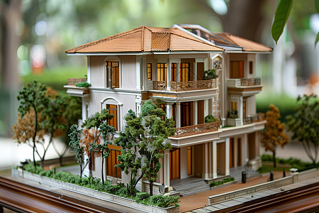 环绕着树和灌木的房屋模型图片