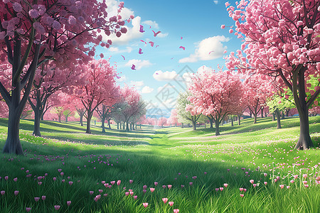 草地上的樱花树图片