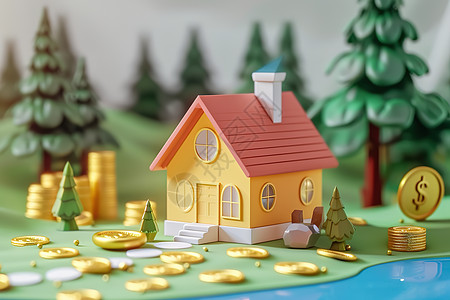 金币和树木环绕的红顶房屋图片
