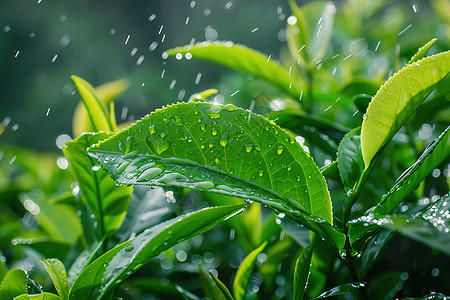 翠绿茶叶上的雨滴图片