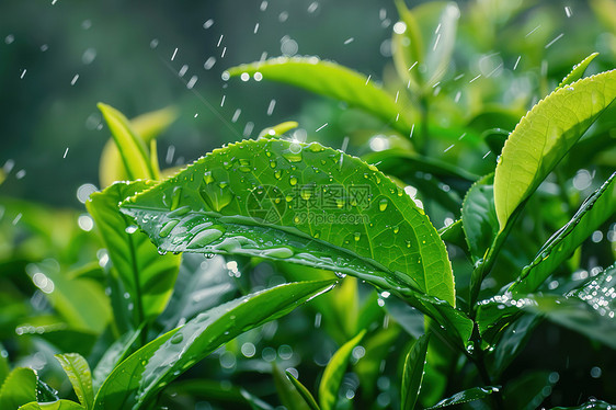 翠绿茶叶上的雨滴图片