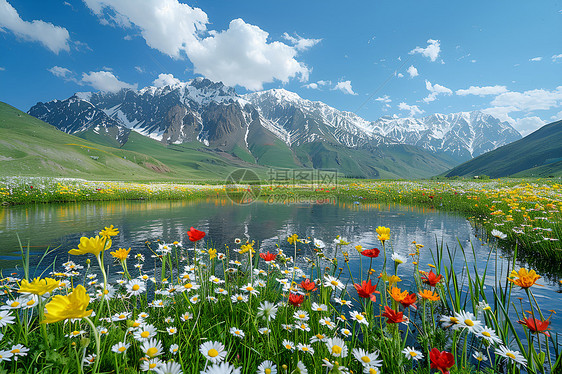 湖边绚丽的野花图片